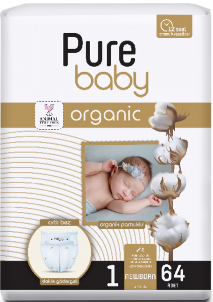 Pure Baby Organik Pamuklu 1 Beden 64 Adet Bebek Bezi