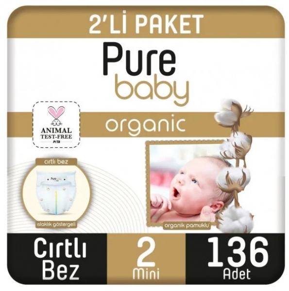 Pure Baby Organik Pamuklu 2 Beden 136 Adet Bebek Bezi