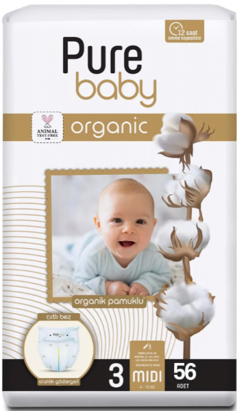 Pure Baby Organik Pamuklu 3 Beden 56 Adet Bebek Bezi