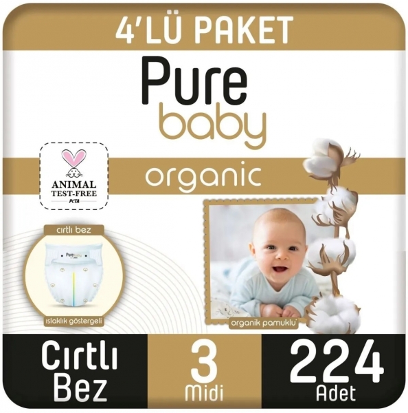 Pure Baby Organik Pamuklu 3 Beden 224 Adet Bebek Bezi
