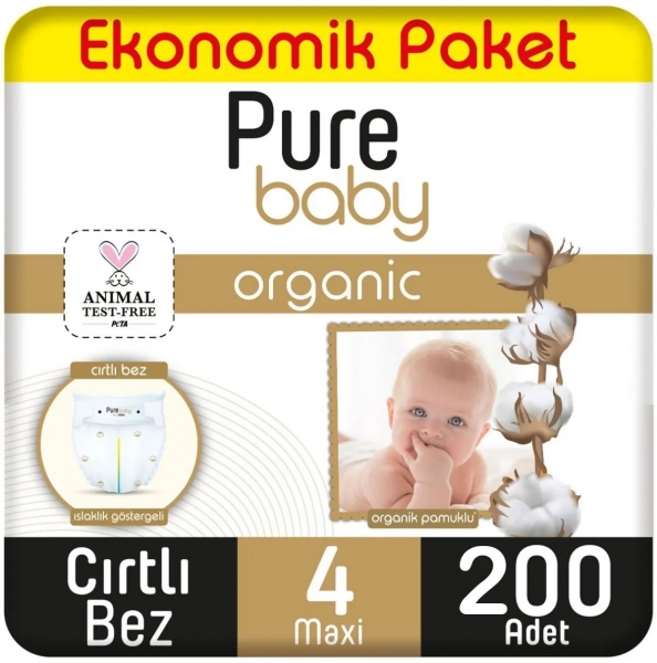 Pure Baby Organik Pamuklu 4 Beden 200 Adet Bebek Bezi