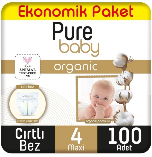 Pure Baby Organik Pamuklu 4 Beden 100 Adet Bebek Bezi