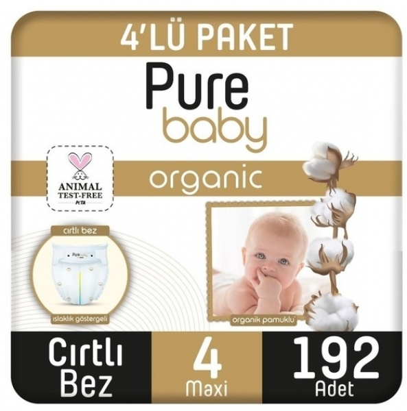 Pure Baby Organik Pamuklu 4 Beden 192 Adet Bebek Bezi
