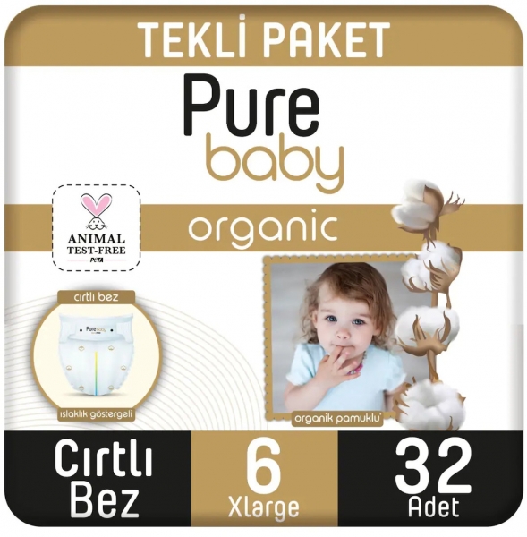Pure Baby Organik Pamuklu 6 Beden 32 Adet Bebek Bezi