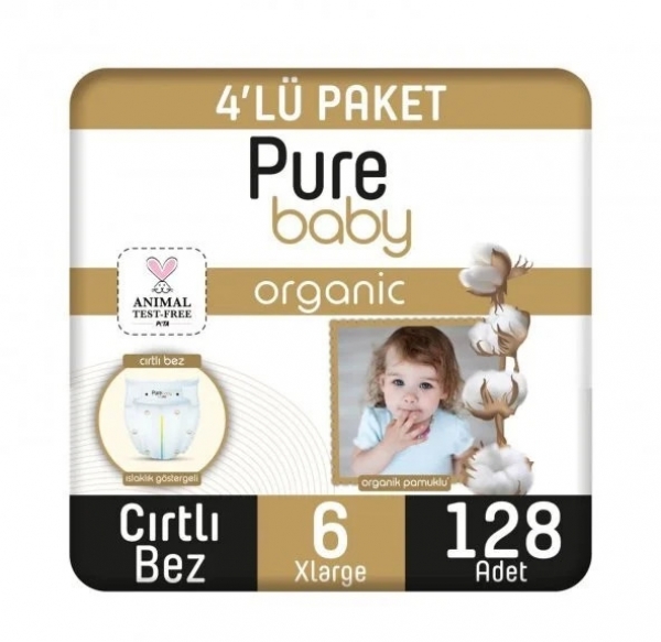 Pure Baby Organik Pamuklu 6 Beden 128 Adet Bebek Bezi