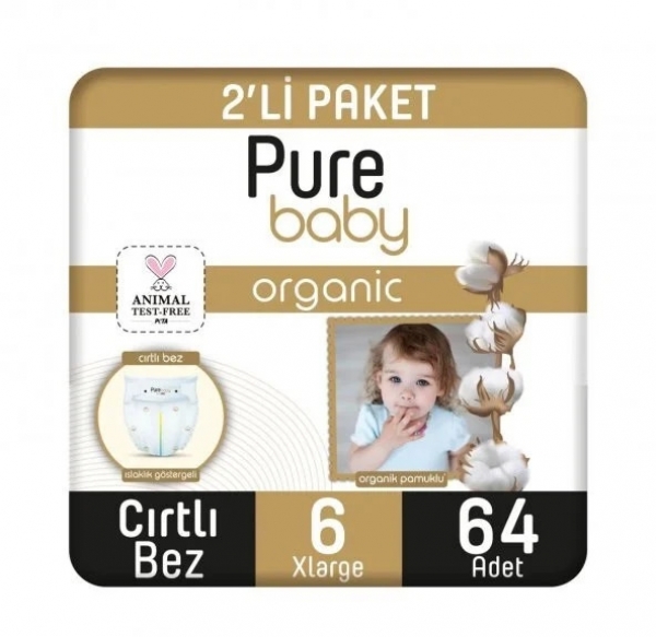 Pure Baby Organik Pamuklu 6 Beden 64 Adet Bebek Bezi
