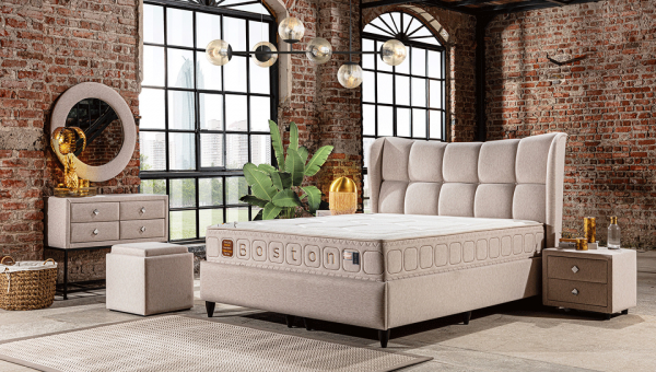 Evline Boston 160x200 Baza+Başlık+Yatak Seti