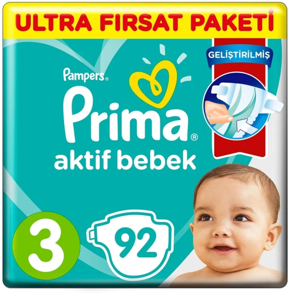 Prima Aktif Bebek 3 Beden 92 Adet Bebek Bezi