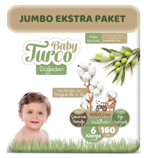 Baby Turco Doğadan 6 Beden 160 Adet Bebek Bezi