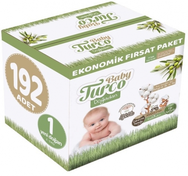 Baby Turco Doğadan 1 Beden 192 Adet Bebek Bezi