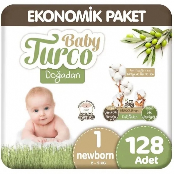 Baby Turco Doğadan 1 Beden 128 Adet Bebek Bezi