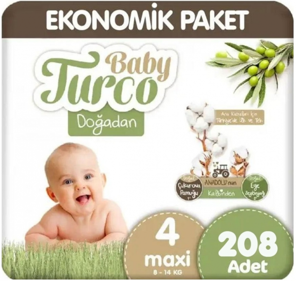 Baby Turco Doğadan 4 Beden 208 Adet Bebek Bezi