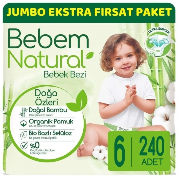 Bebem Natural 6 Beden 240 Adet Bebek Bezi