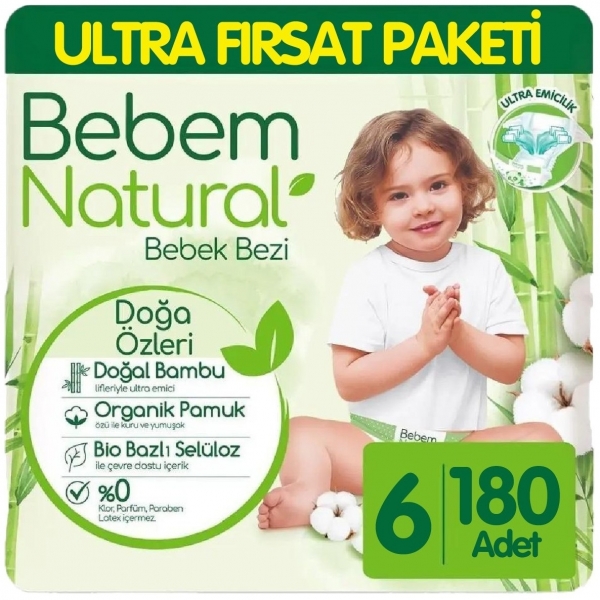 Bebem Natural 6 Beden 180 Adet Bebek Bezi