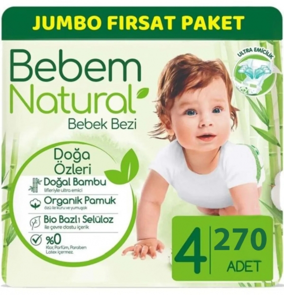 Bebem Natural 4 Beden 270 Adet Bebek Bezi