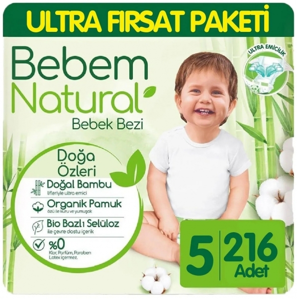 Bebem Natural 5 Beden 216 Adet Bebek Bezi