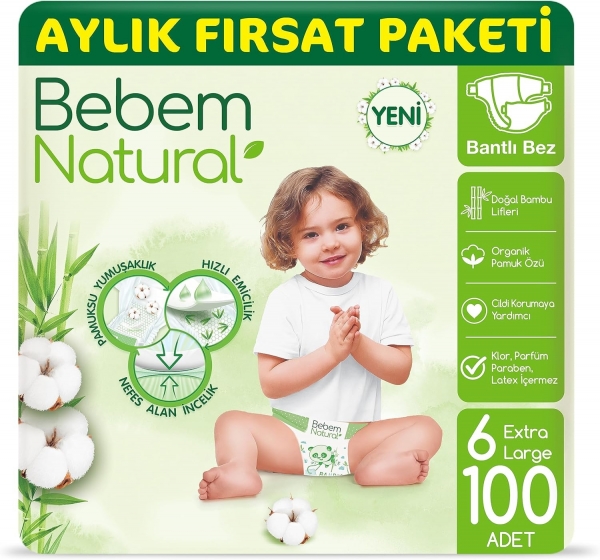 Bebem Natural 6 Beden 100 Adet Bebek Bezi