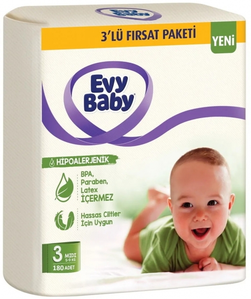 Evy Baby 3 Beden 180 Adet Bebek Bezi