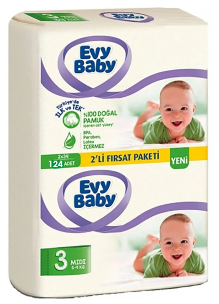 Evy Baby 3 Beden 124 Adet Bebek Bezi