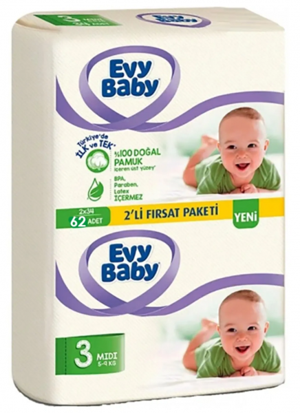 Evy Baby 3 Beden 62 Adet Bebek Bezi