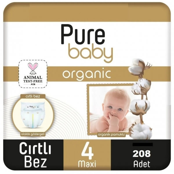 Pure Baby Organik Pamuklu 4 Beden 208 Adet Bebek Bezi