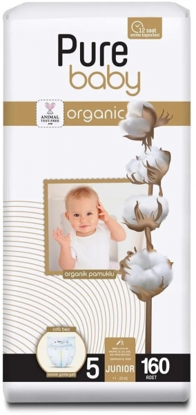 Pure Baby Organik Pamuklu 5 Beden 160 Adet Bebek Bezi