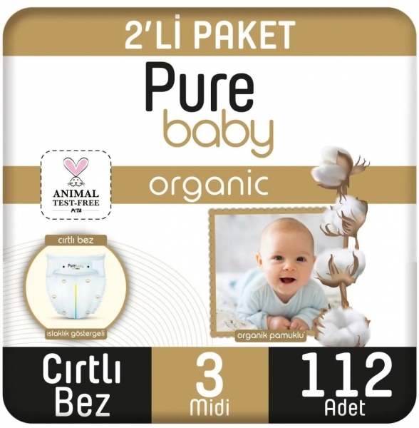 Pure Baby Organik Pamuklu 3 Beden 112 Adet Bebek Bezi