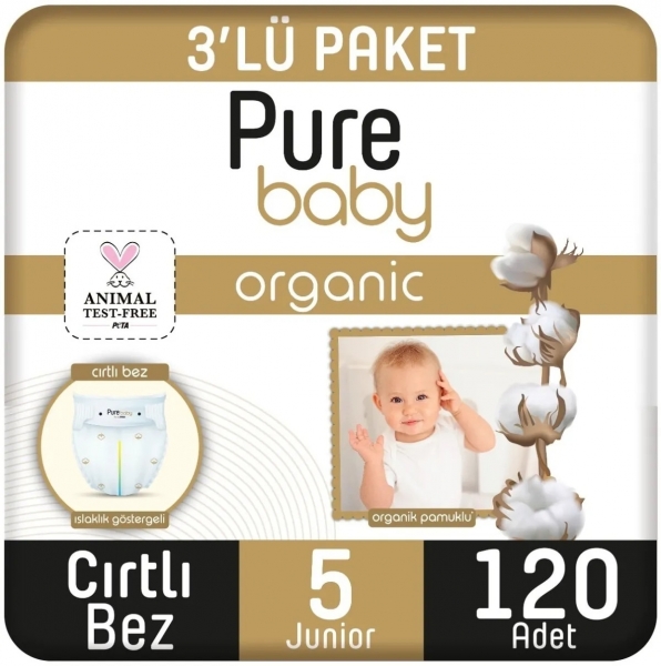 Pure Baby Organik Pamuklu 5 Beden 120 Adet Bebek Bezi