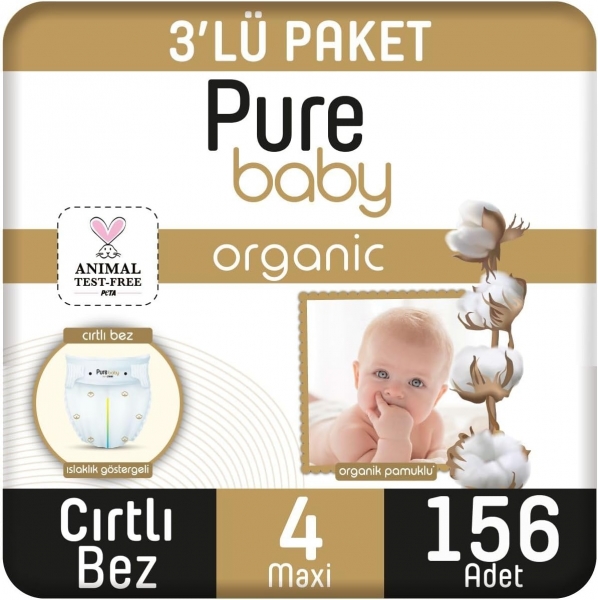 Pure Baby Organik Pamuklu 4 Beden 156 Adet Bebek Bezi