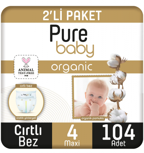 Pure Baby Organik Pamuklu 4 Beden 104 Adet Bebek Bezi