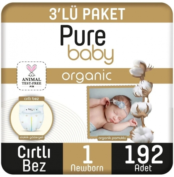 Pure Baby Organik Pamuklu 1 Beden 192 Adet Bebek Bezi