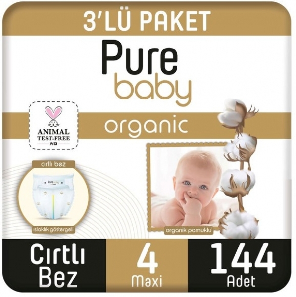 Pure Baby Organik Pamuklu 4 Beden 144 Adet Bebek Bezi