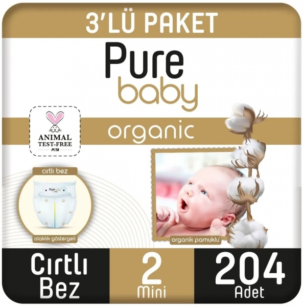 Pure Baby Organik Pamuklu 2 Beden 204 Adet Bebek Bezi