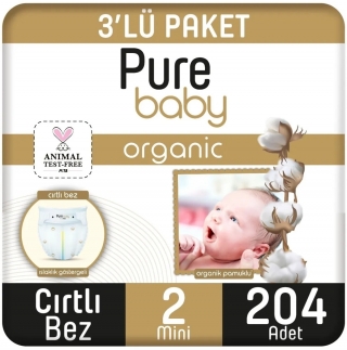 Pure Baby Organik Pamuklu 2 Beden 204 Adet Bebek Bezi