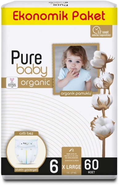 Pure Baby Organik Pamuklu 6 Beden 60 Adet Bebek Bezi