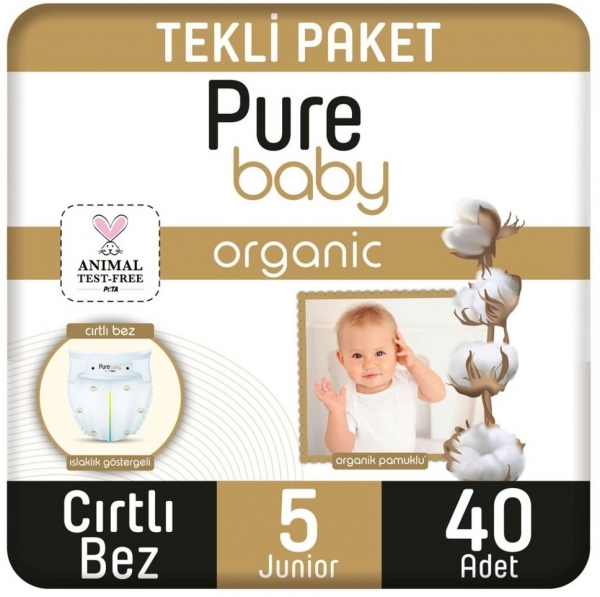 Pure Baby Organik Pamuklu 5 Beden 40 Adet Bebek Bezi