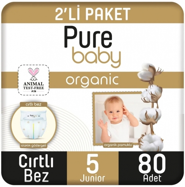 Pure Baby Organik Pamuklu 5 Beden 80 Adet Bebek Bezi