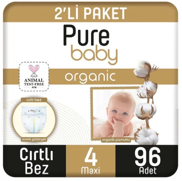 Pure Baby Organik Pamuklu 4 Beden 96 Adet Bebek Bezi