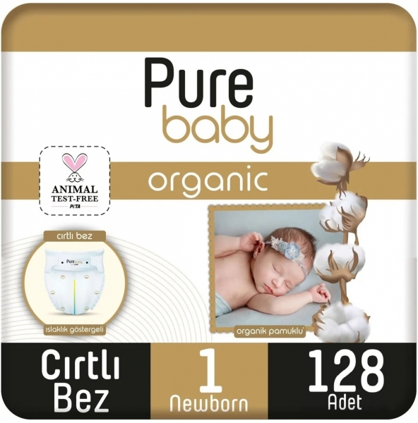 Pure Baby Organik Pamuklu 1 Beden 128 Adet Bebek Bezi