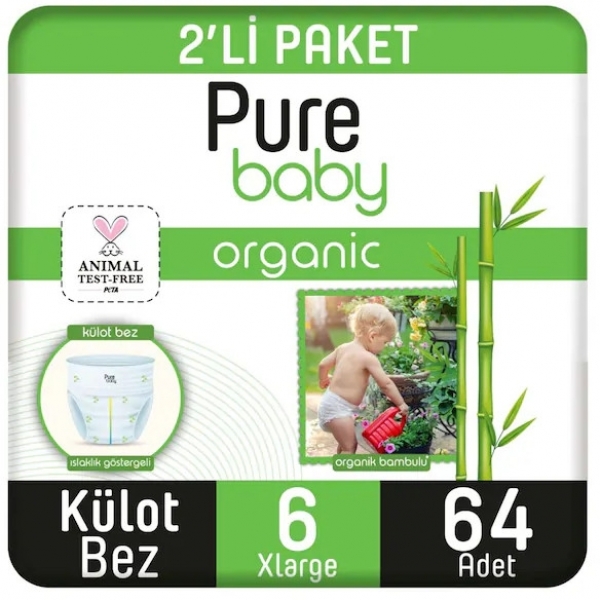 Pure Baby Organik Bambulu Külot Bez 6 Beden 64 Adet Bebek Bezi