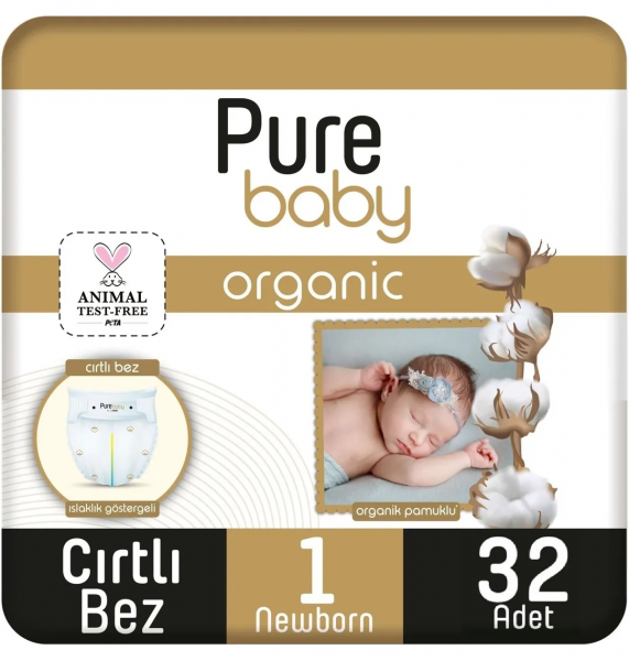 Pure Baby Organik Pamuklu 1 beden 32 Adet Bebek Bezi