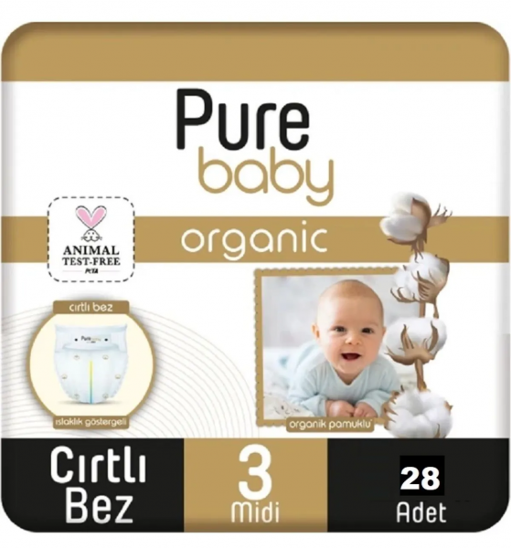 Pure Baby Organik Pamuklu 3 beden 28 Adet Bebek Bezi