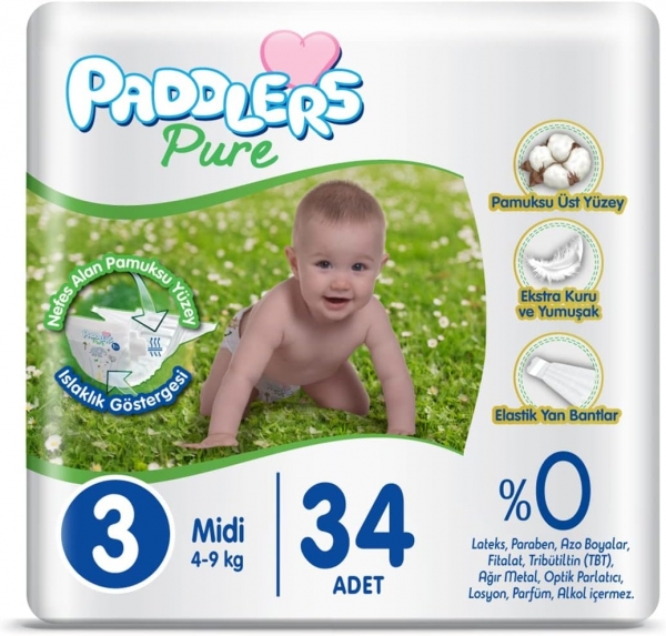 Paddlers Pure 3 Beden 34 Adet Bebek Bezi