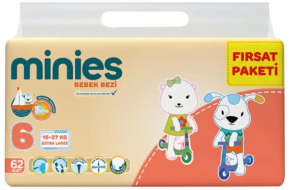 Minies 6 Beden 62 Adet Bebek Bezi