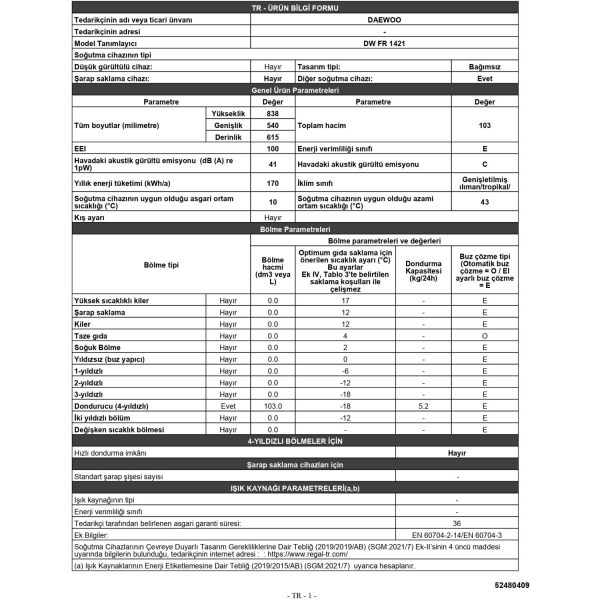 Daewoo DW FR 1421 Derin Dondurucu