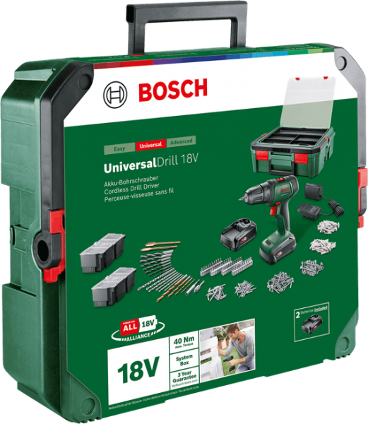 Bosch UniversalDrill 18V (2x1.5Ah) + SystemBox Akülü Matkap (2 Akülü)
