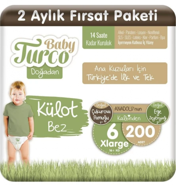 Baby Turco Doğadan Külot Bez 6 Beden 200 Adet Bebek Bezi