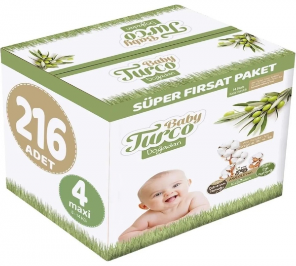 Baby Turco Doğadan 4 Beden 216 Adet Bebek Bezi
