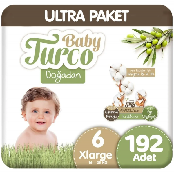 Baby Turco Doğadan 6 Beden 192 Adet Bebek Bezi