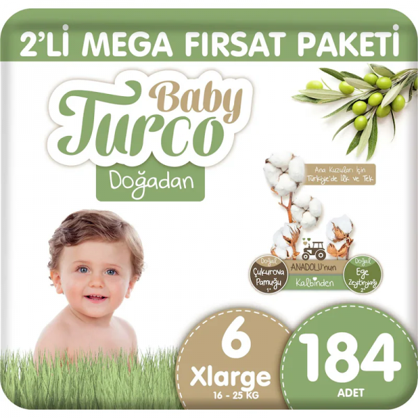 Baby Turco Doğadan 6 Beden 184 Adet Bebek Bezi